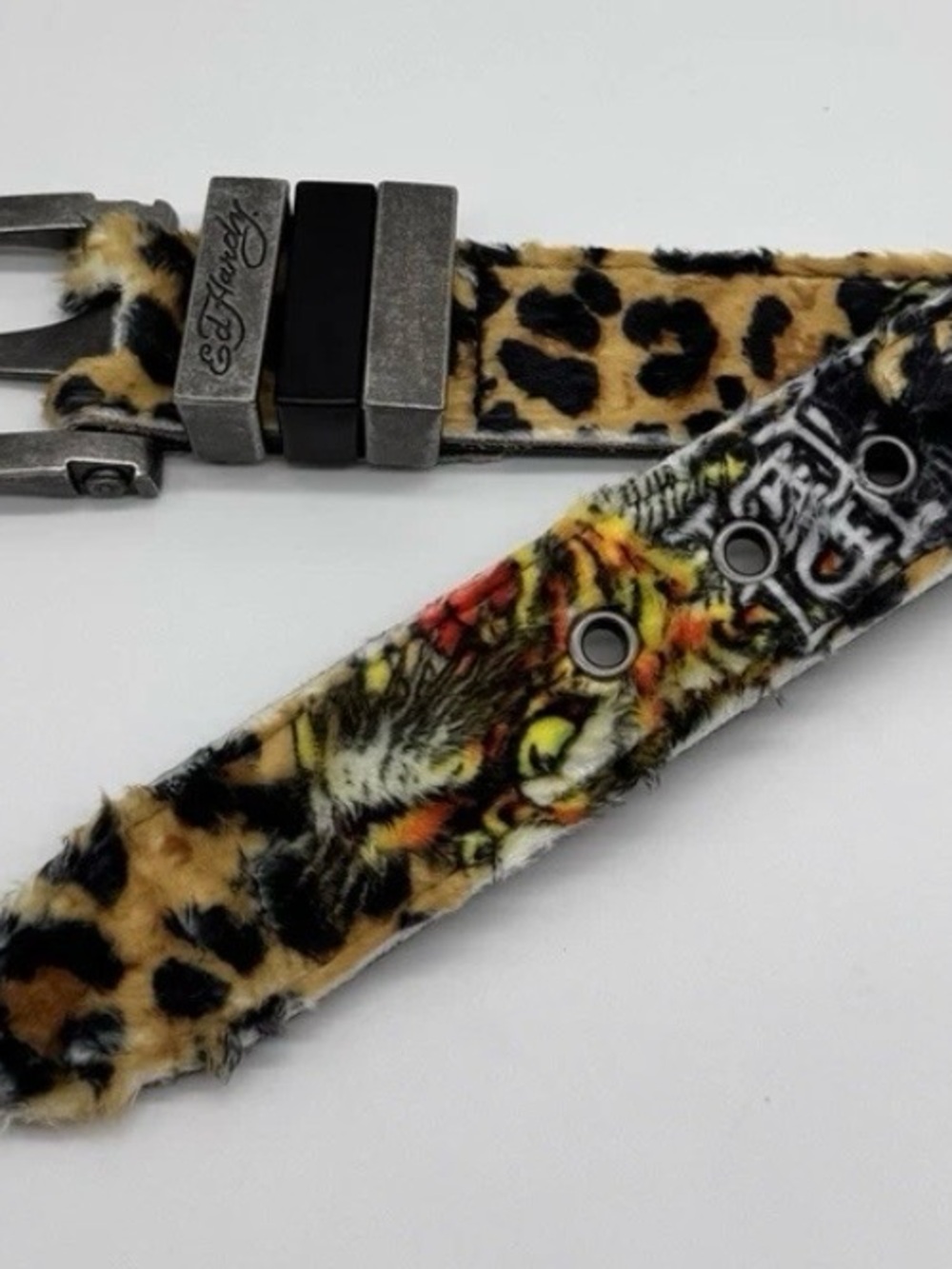 Ed Hardy Belt Size 38 Tiger Leopard Print Studded Faux Fur Rhinestone Buckle
